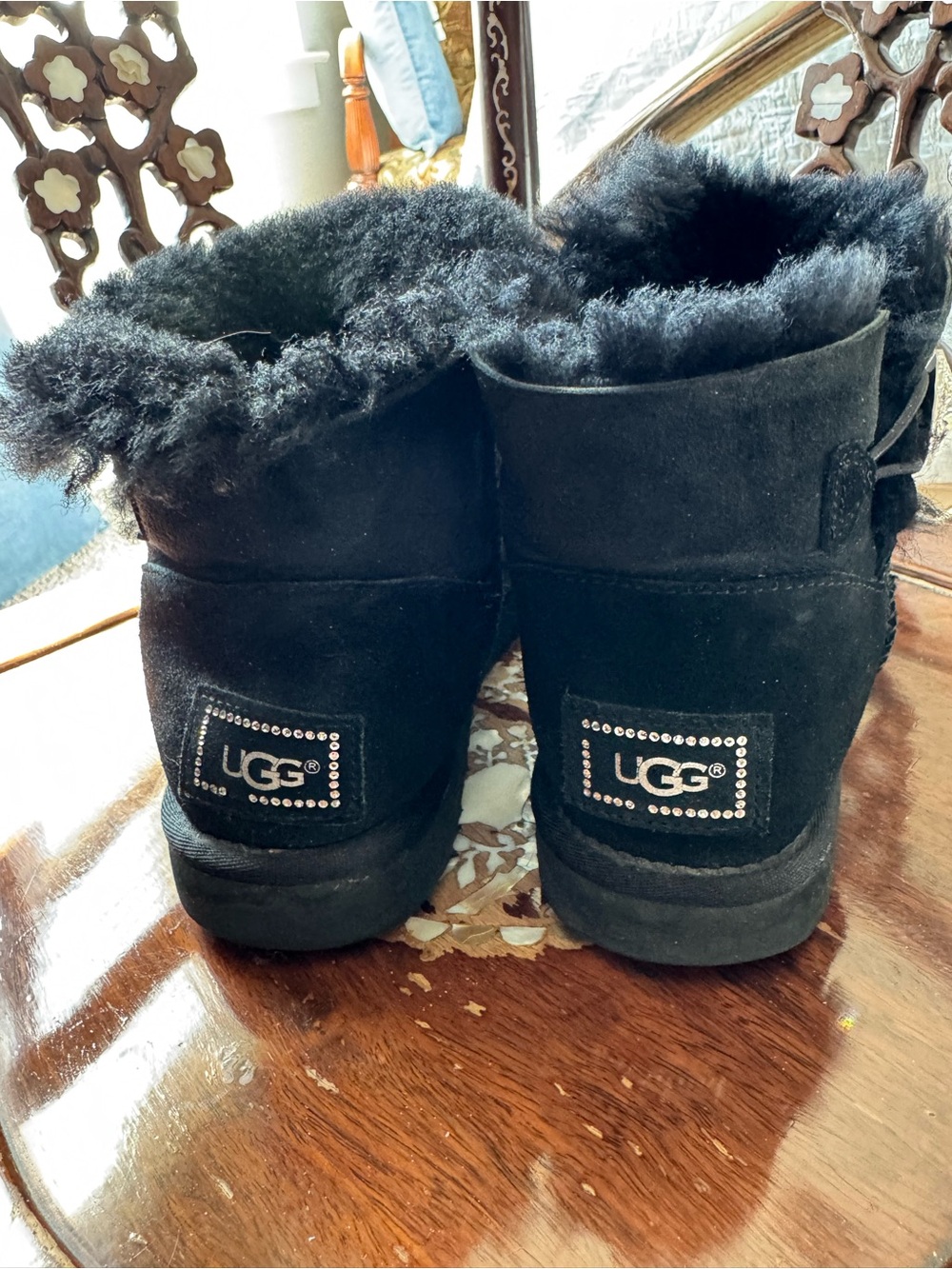 UGG Women Black Suede Shearling Boots with Logo Detail
